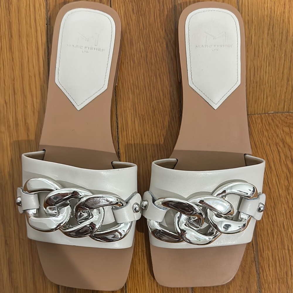 Marc Fisher White Sandals with Silver Chain Accent